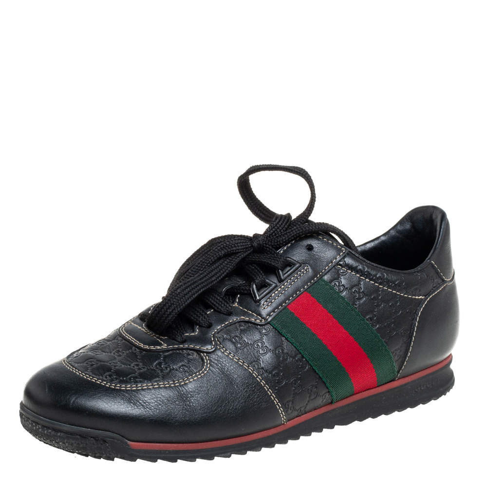 مملوكة مسبقًا حذاء رياضي غوتشي جلد غوتشيسيما أسود نمط ويب عنق منخفض مقاس 38