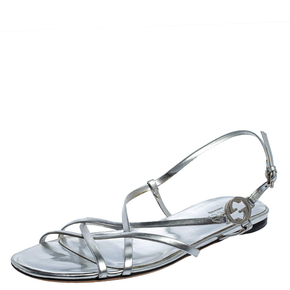 Pre Owned Gucci Silver Leather Strappy Flats Sandals Size 36