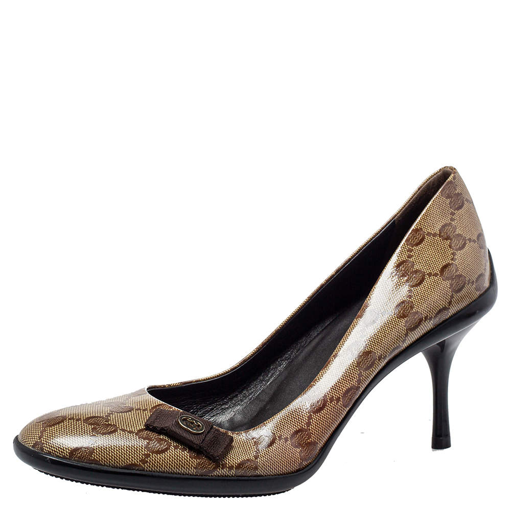 Pre Owned Gucci Brown/Beige GG Crystal Canvas Bow Round Toe Pumps Size 39