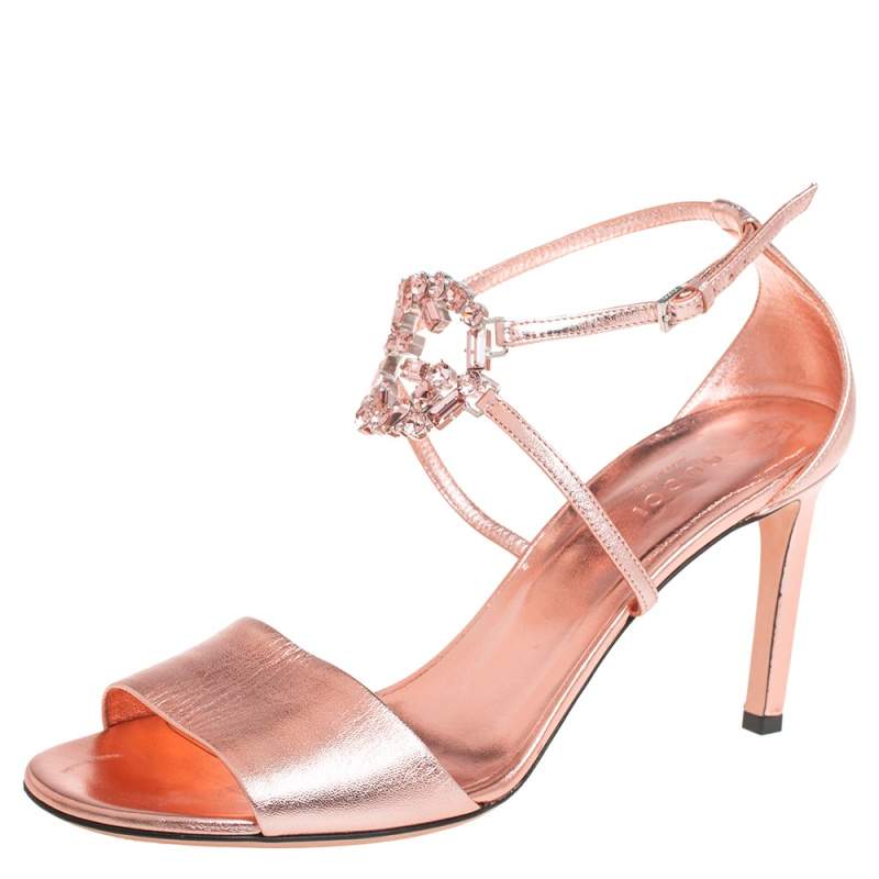 Pre Owned Gucci Rose Gold Leather Crystal Embellished GG Logo Ankle Strap Sandals Size 38.5