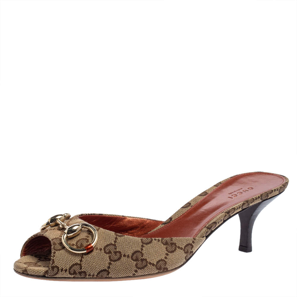 مملوكة مسبقًا Gucci Brown GG Canvas Horsebit Slide Sandals Size 41