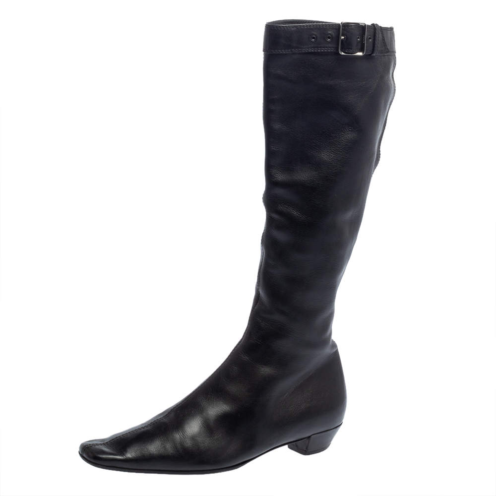Pre Owned Gucci Black Leather Buckle Detail Square Toe Mid Calf Boots Size 37