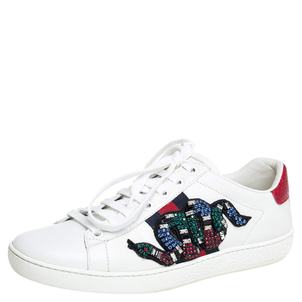 Pre Owned Gucci White Leather Crystal Embellished Snake Python Trim Web Detail Ace Low Top Sneakers Size 36