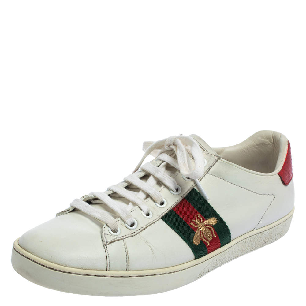 مملوكة مسبقًا Gucci White Leather Bee Ace Low Top Sneakers Size 38.5