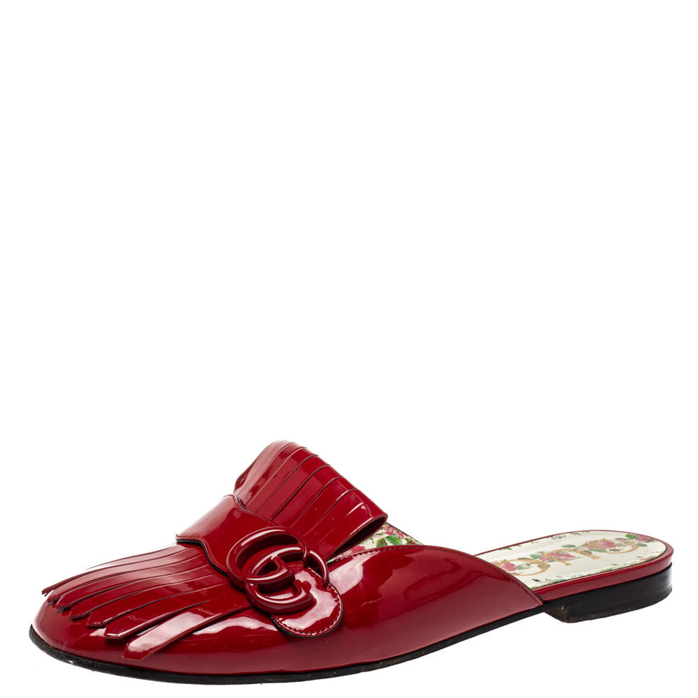 Gucci Red Patent Leather GG Marmont Fringe Mules Size 39.5