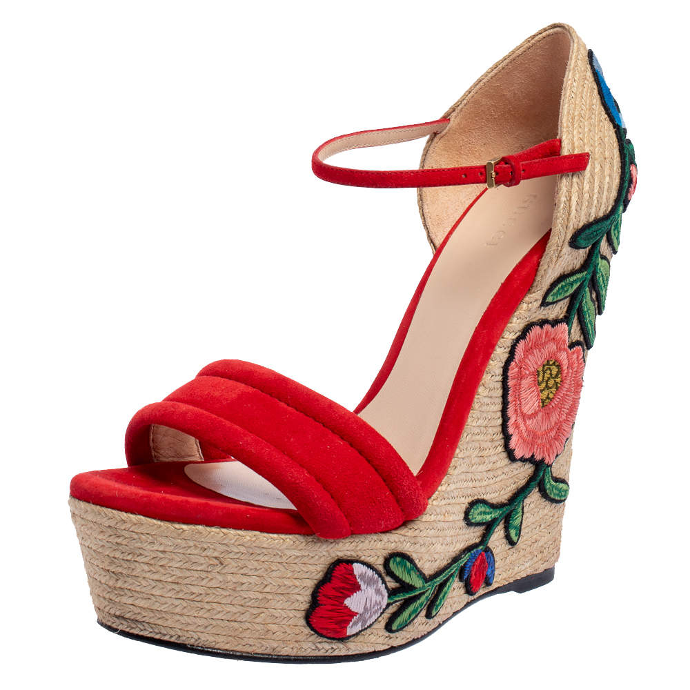 Gucci Red Suede Floral Embroidered Wedge Platform Ankle Strap Espadrilles Size 39