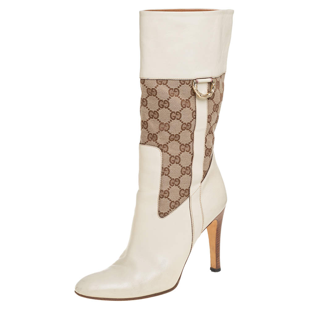 Gucci Cream/Brown Leather And Canvas Mid Calf  Boots Size 39