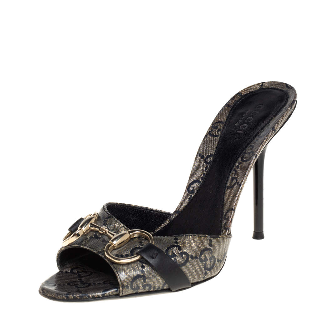 Pre Owned Gucci Black/Gold GG Coated Canvas Horsebit Sandals Size 36.5