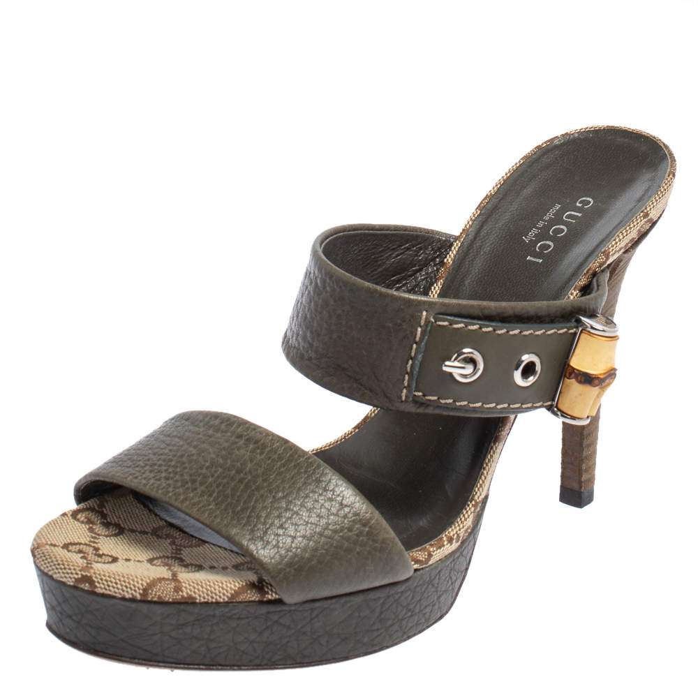 Pre Owned Gucci Olive Green Leather Bamboo Slide Sandals Size 36