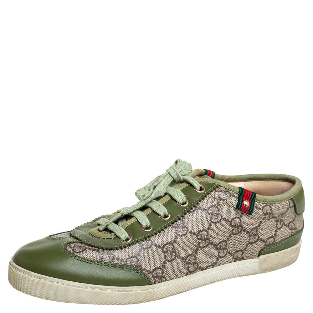 Gucci Green Leather And Brown/Beige GG Supreme Canvas Low Top Sneakers Size 38
