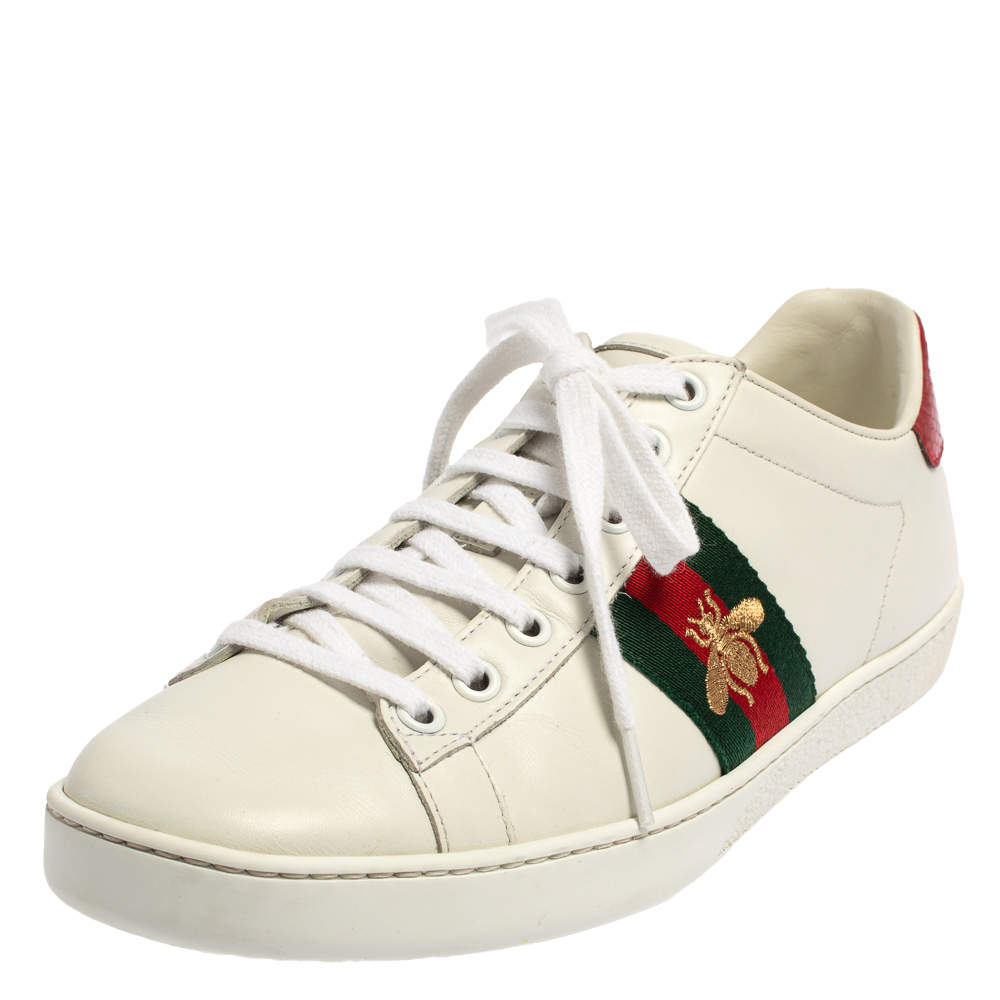 Pre Owned Gucci White Leather And Python Embossed Leather Ace Bee Web Low Top Sneaker Size 37.5