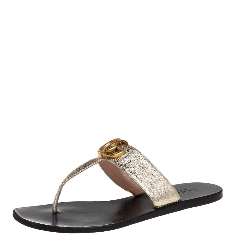 Gucci Gold Foil Textured Leather GG Marmont Thong Flats Size 35.5