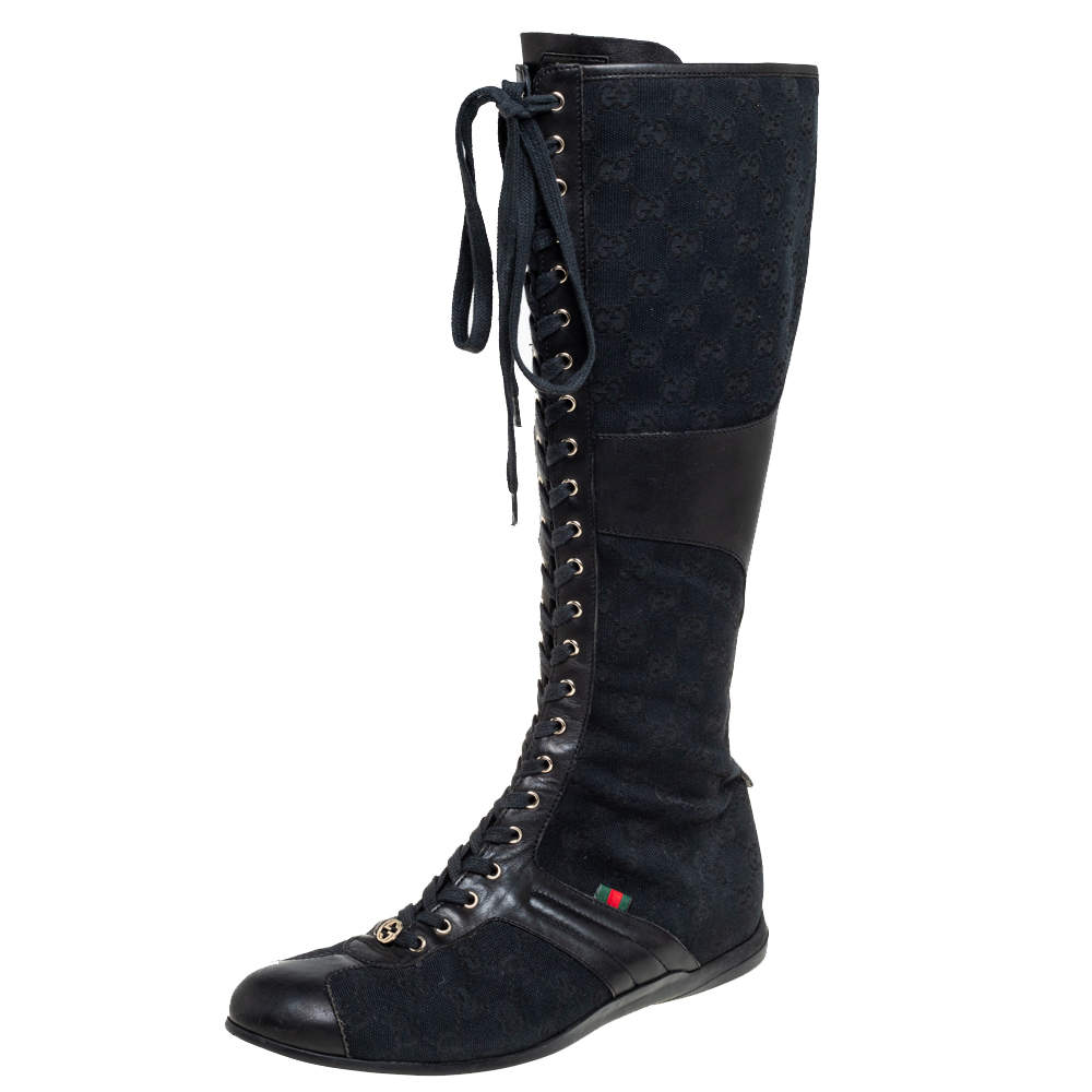 Gucci Black GG Canvas And Leather Knee Length Boots Size 38
