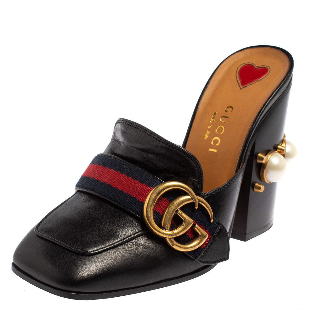 Gucci Black Leather GG Pearl Embellished Web Detail Loafer Mule Sandals Size 34