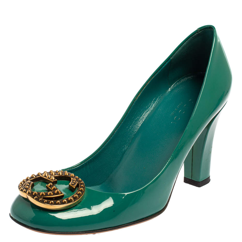 Gucci Teal Green Patent Leather GG Interlocking Pumps Size 35.5