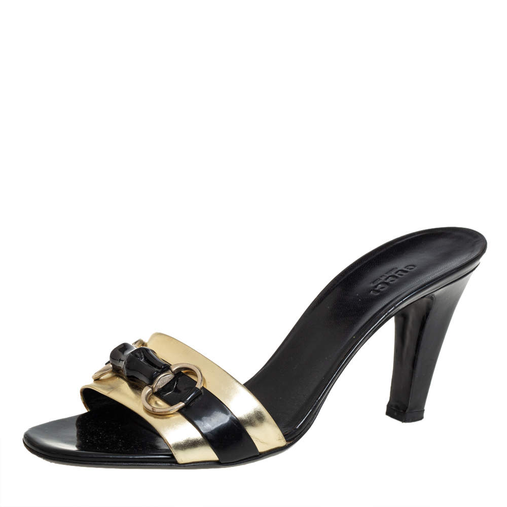 Pre Owned Gucci Black Patent Leather Horsebit Bamboo Slide Sandals  Size 40.5 