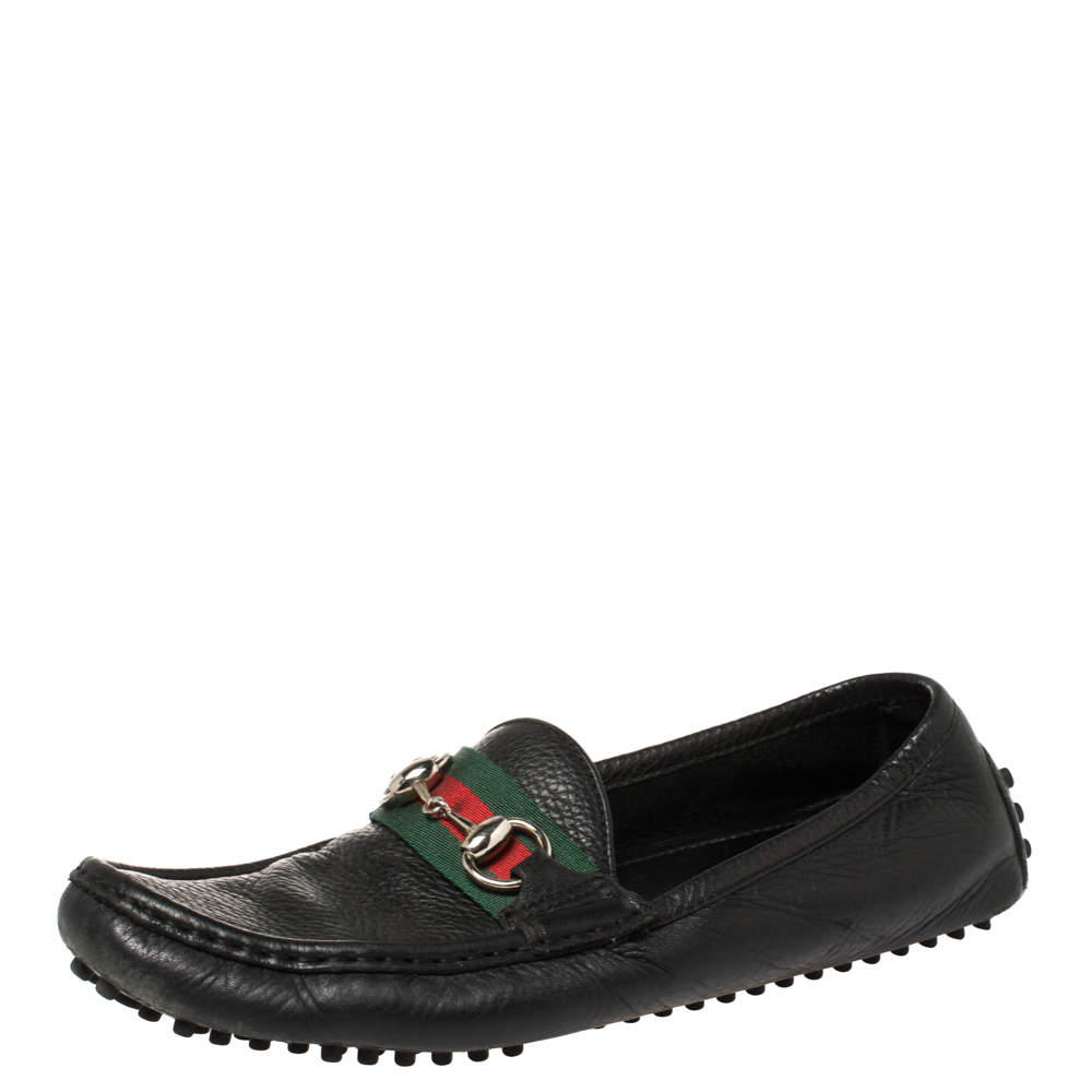 Pre Owned Gucci Black Leather Web Horsebit Loafers Size 38
