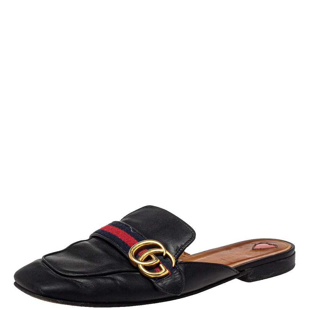 Pre Owned Gucci Black Leather Peyton Square Toe Mules Size 39.5