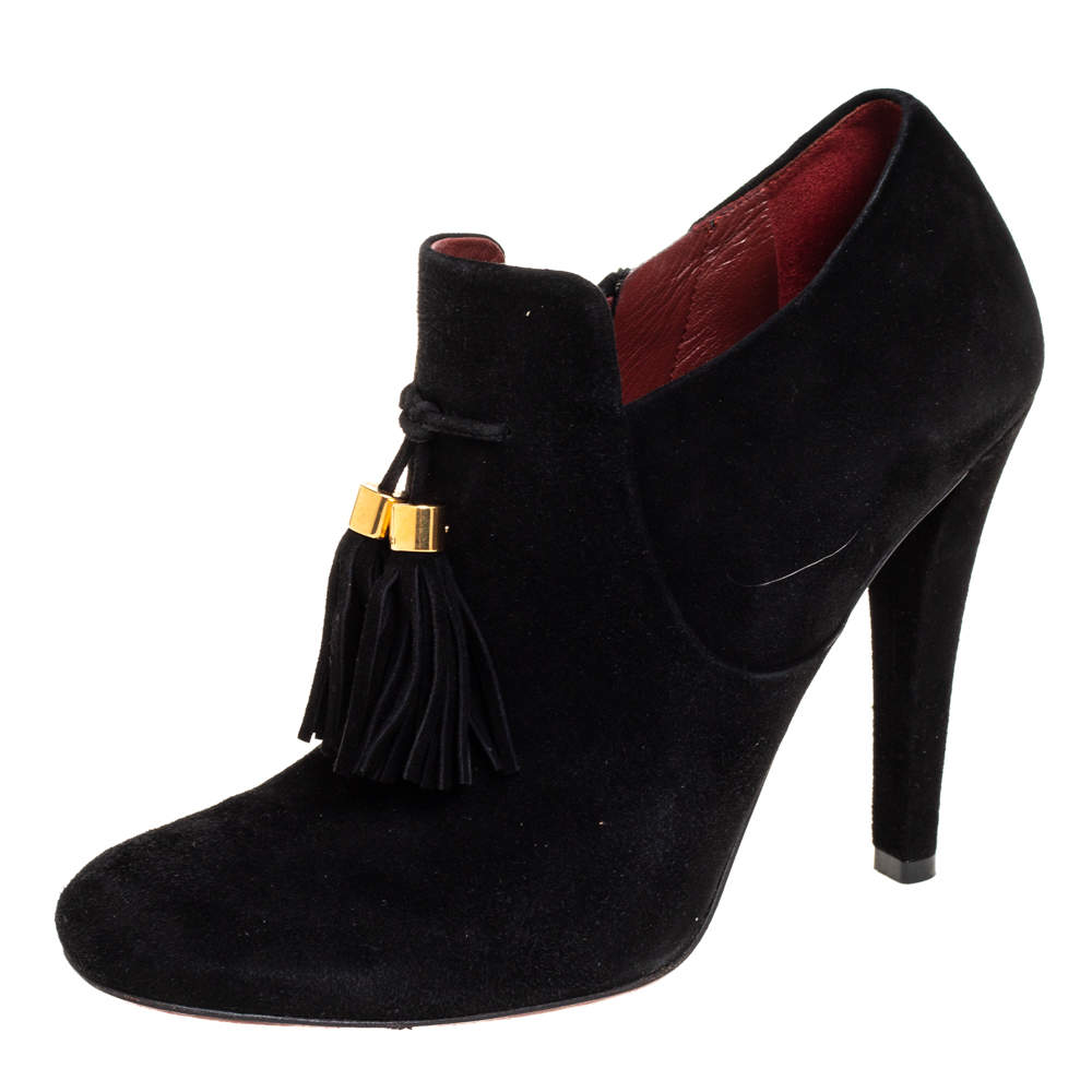 Pre Owned Gucci Black Suede Tassel Booties Size 38