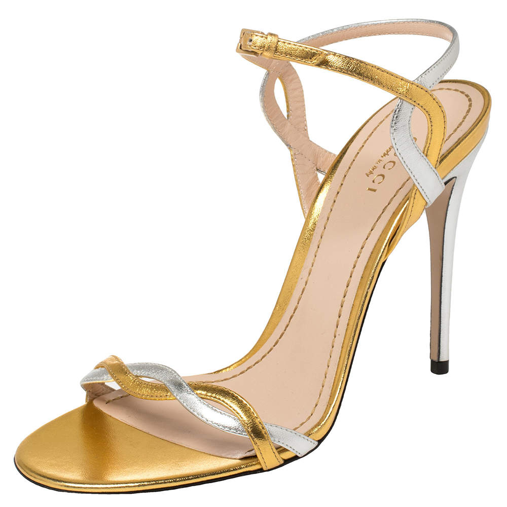 Gucci Metallic Gold/Silver Leather Ankle Strap Sandals Size 39