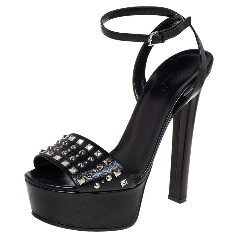 Gucci Black Studded Leather Leila Platform Ankle Strap Sandals Size 36