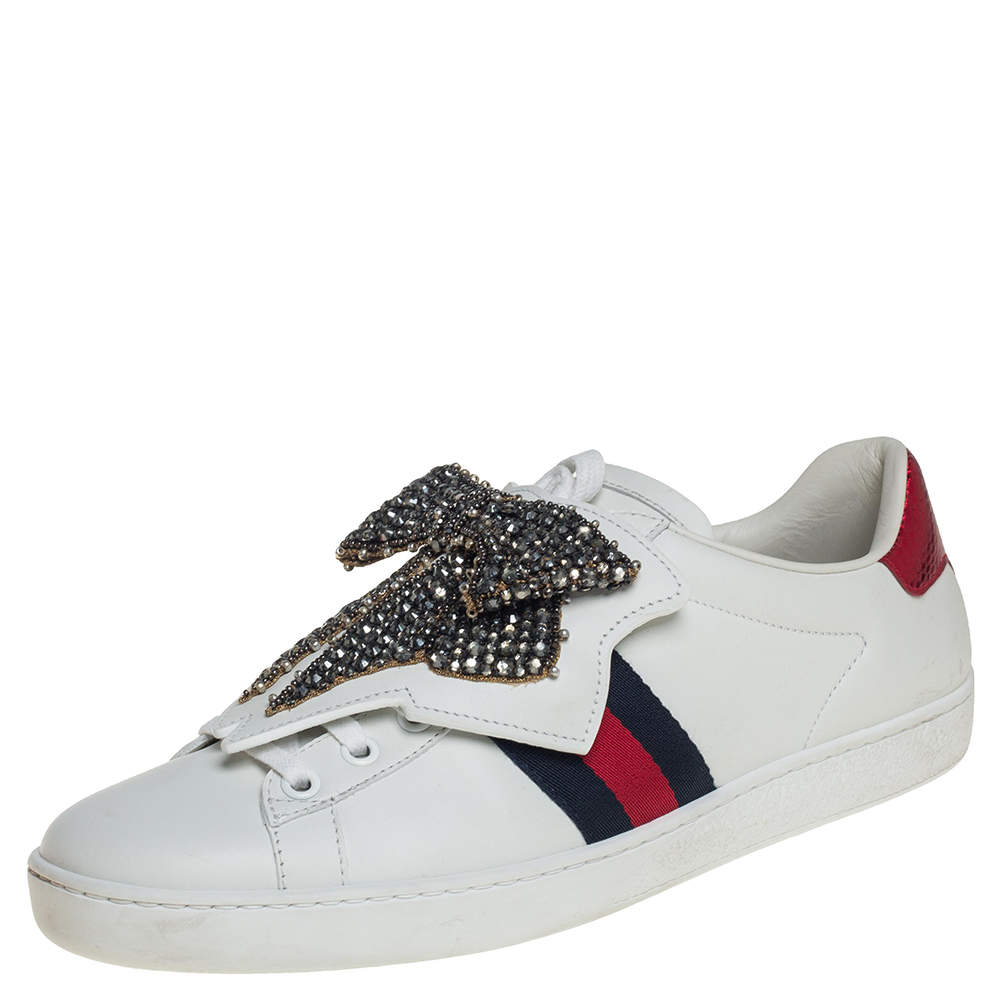 Gucci White Leather Ace Beaded Bow Low Top Sneakers Size 39