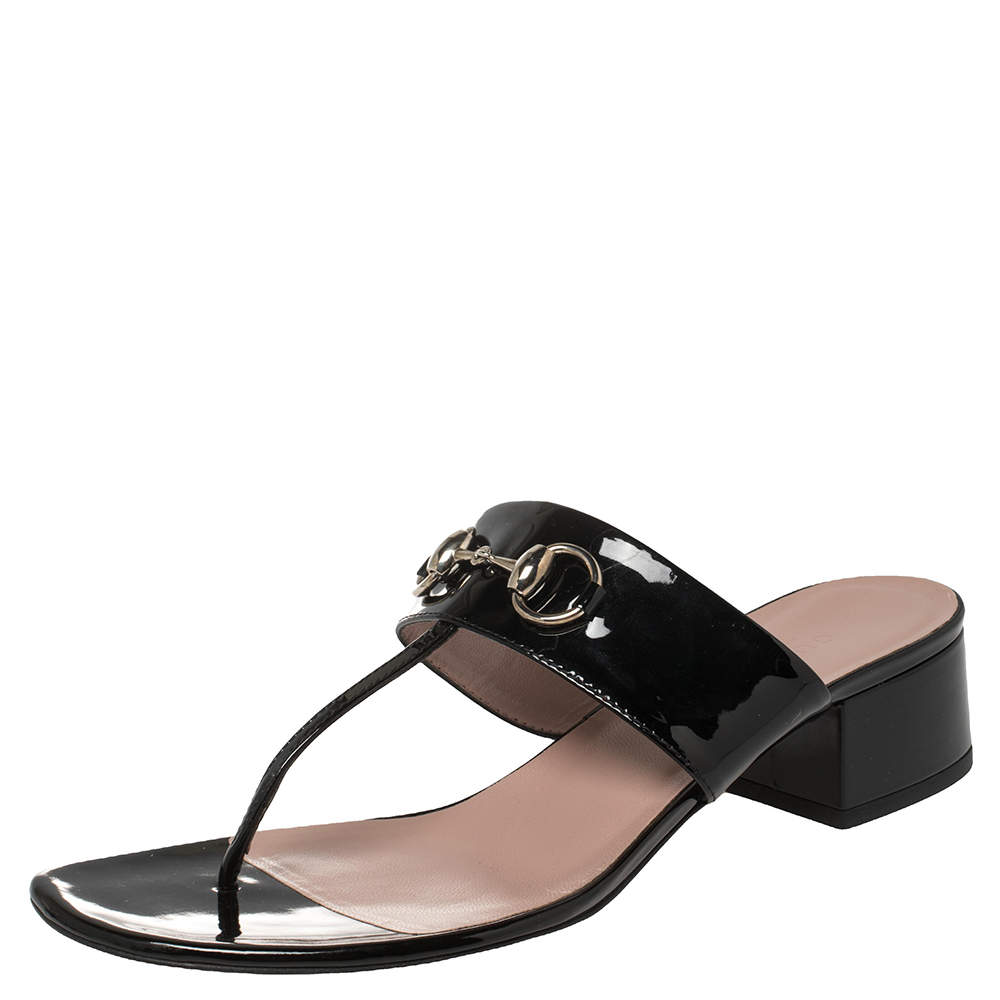 Pre Owned Gucci Black Patent Leather Horsebit Thong Sandals Size 38