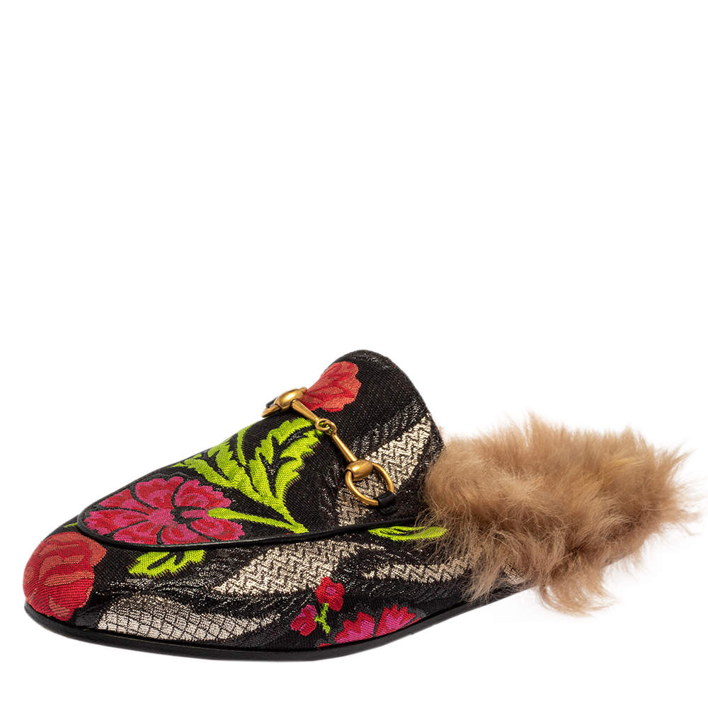 مملوكة مسبقًا حذاء مولز غوتشي برنستاون هورسبيت فرو وقماش مزركش زهور أسود مقاس 38.5