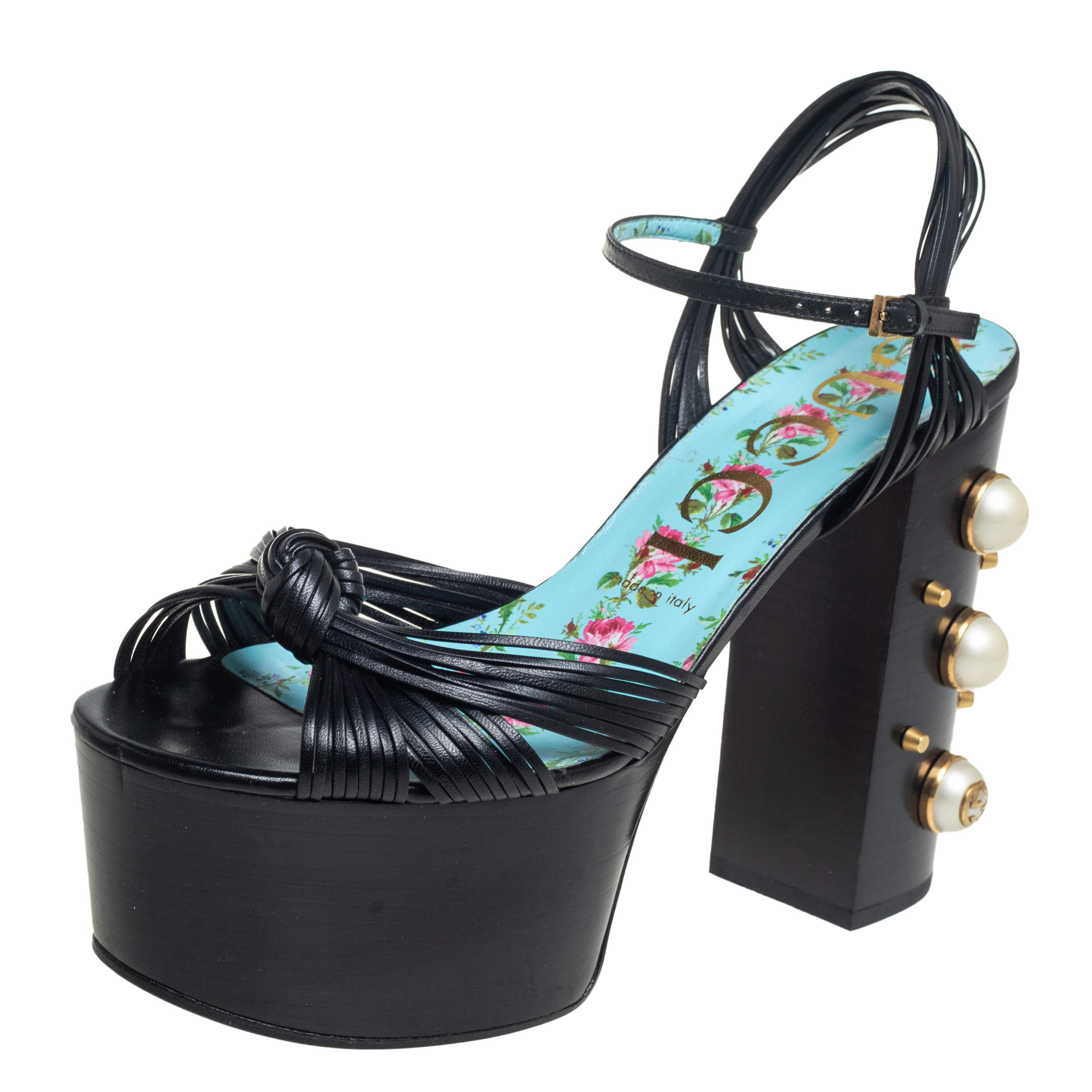 Gucci Black Leather Pearl & Stud Embellished Platform Sandals Size 39.5