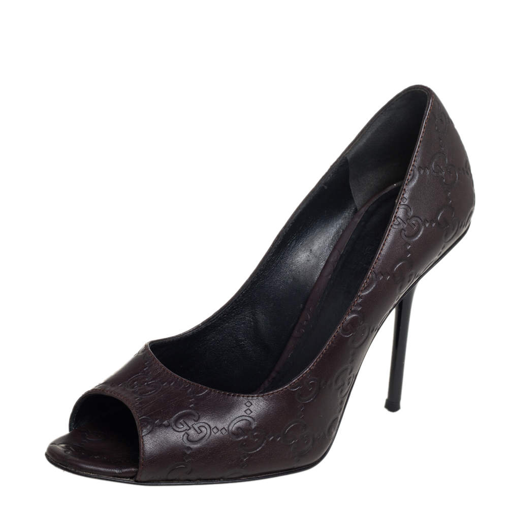 Pre Owned Gucci Brown Guccissima Leather Peep Toe Pumps Size 37.5