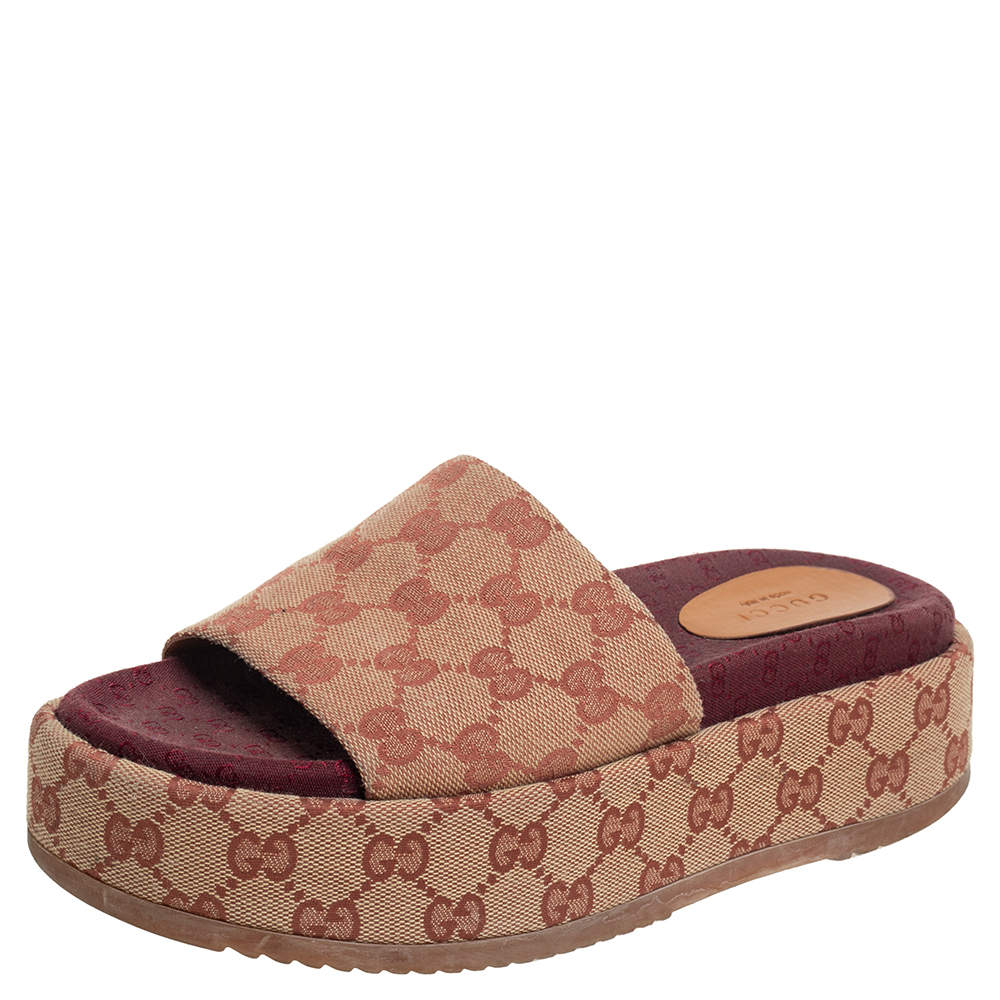 Gucci Beige/Brown GG Canvas Platform Slide Sandals Size 37