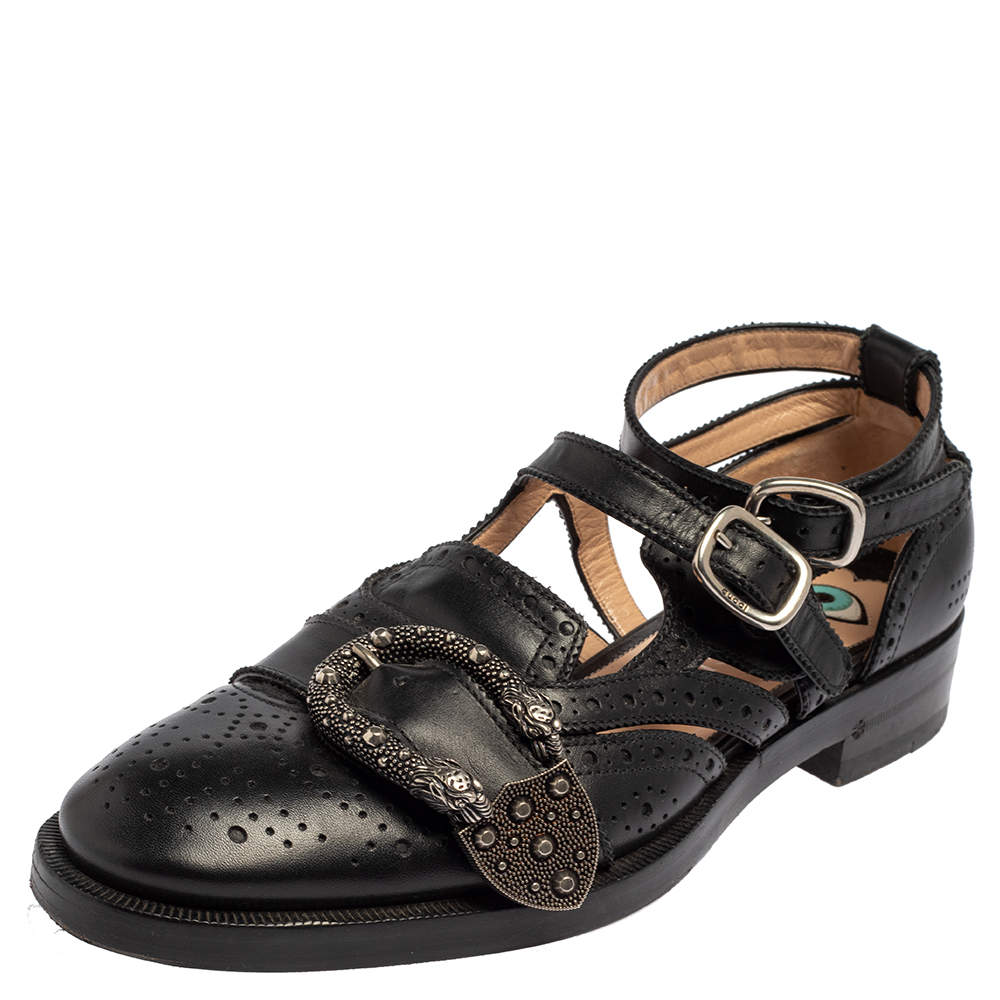 Pre Owned Gucci Black Leather Dionysus Brogue Oxford Size 37.5