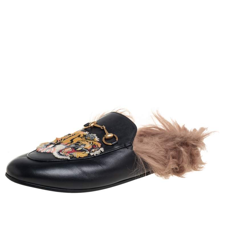 Gucci Black Leather, Fur Princetown Sandals Size 40