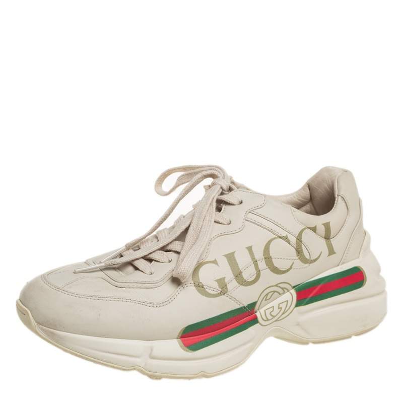 Gucci Cream Leather Rhyton Lace Up Sneakers Size 38