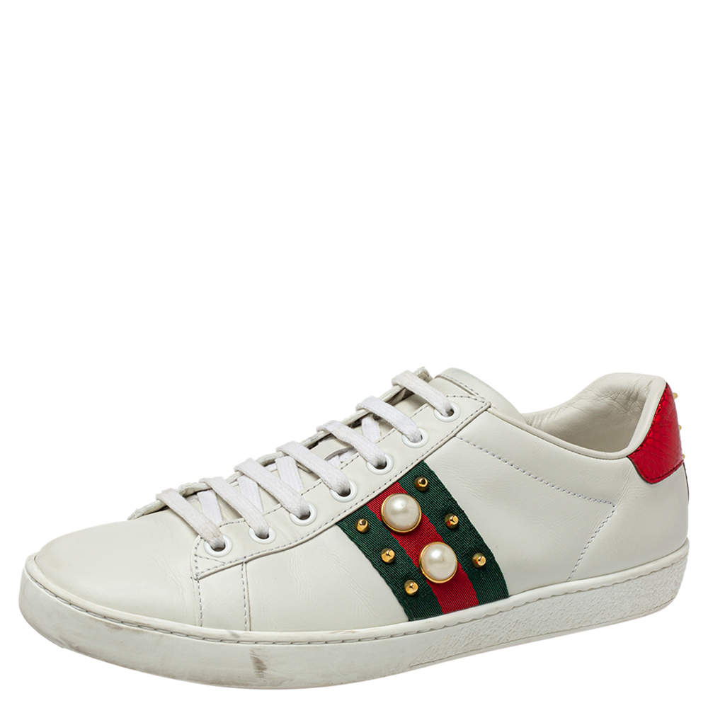 مملوكة مسبقًا Gucci  White Leathers Pearl Detail Web Ace Low Top Sneakers Size 38