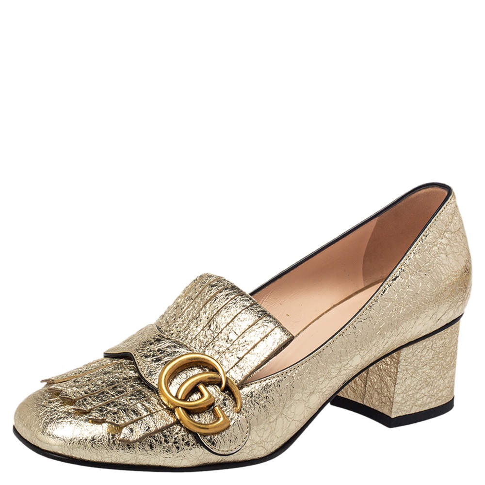 مملوكة مسبقًا Gucci Metallic Gold Foil Leather GG Marmont Block Heel Pumps Size 37