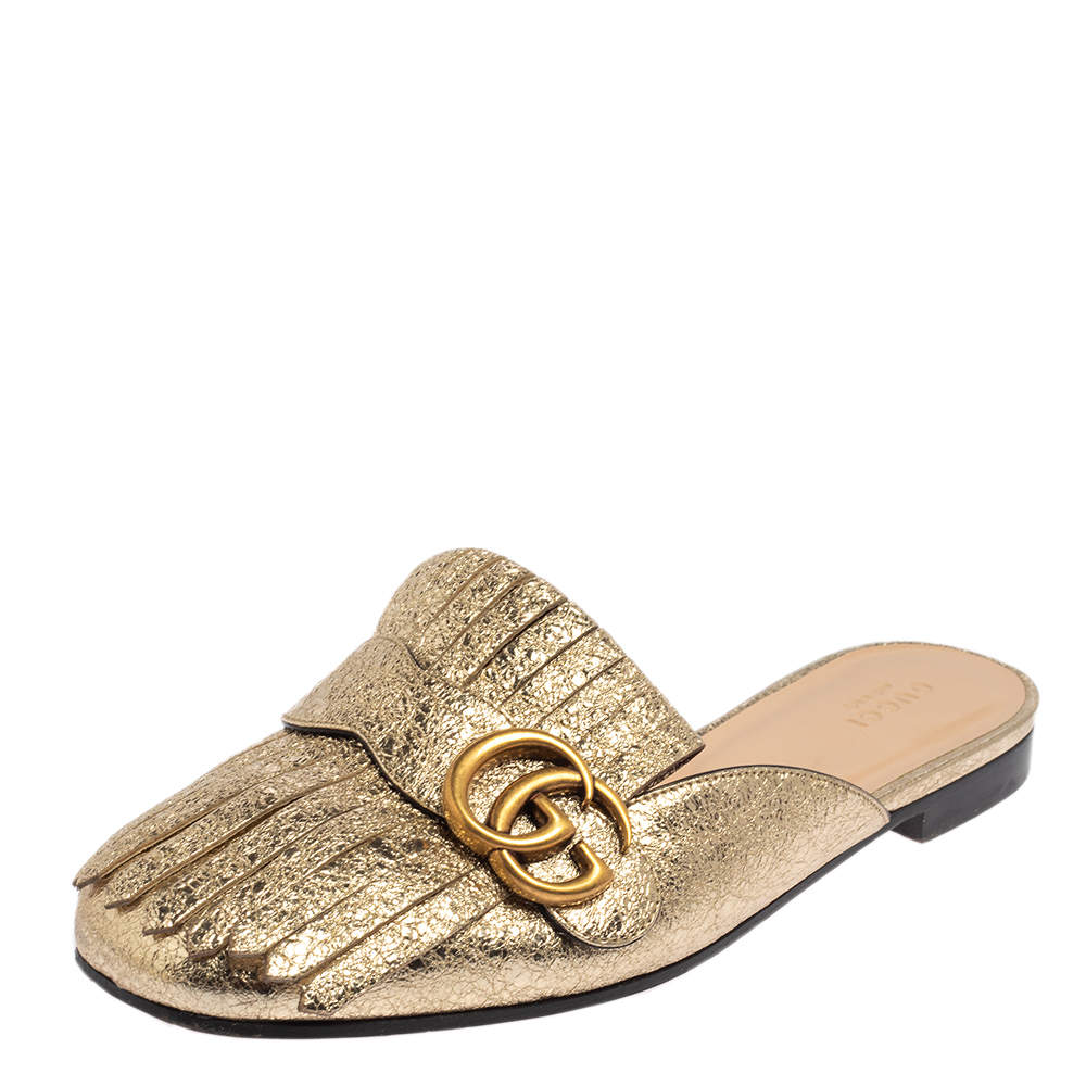 Gucci Gold Leather GG Marmont Fringe Mule Flats Size 38.5 Gucci | The ...