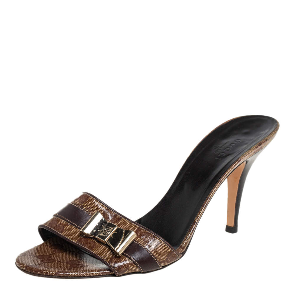 Gucci Brown Crystal Canvas Slip On  Sandals Size 38.5