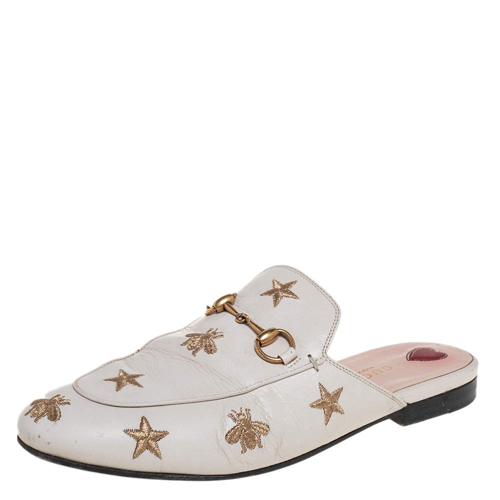 Gucci White Star And Bee Embroidered Leather Princetown Horsebti Mules Size 37.5