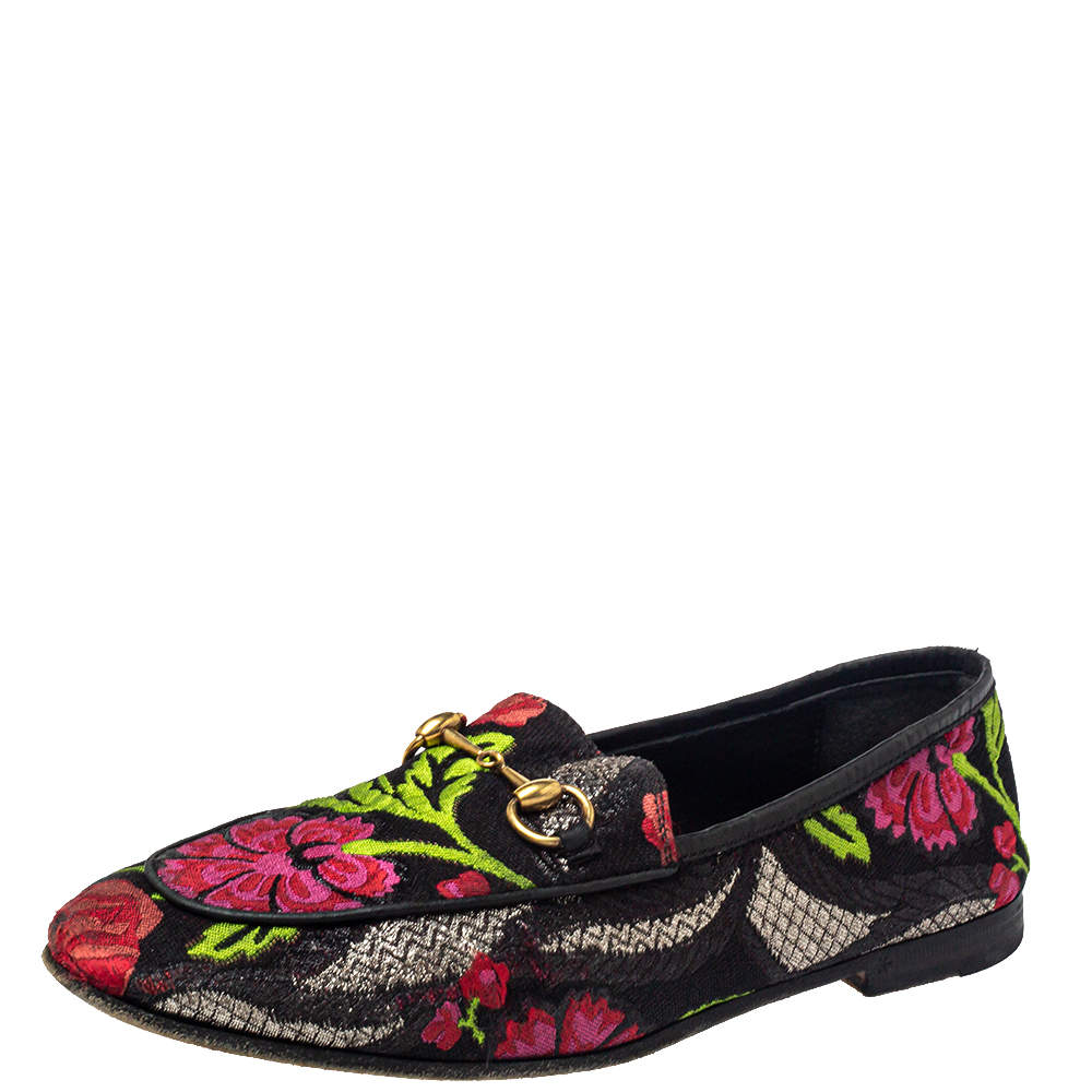 Pre Owned Gucci Multicolor Floral Print Jacquard Jordaan Horsebit Loafers Size 38
