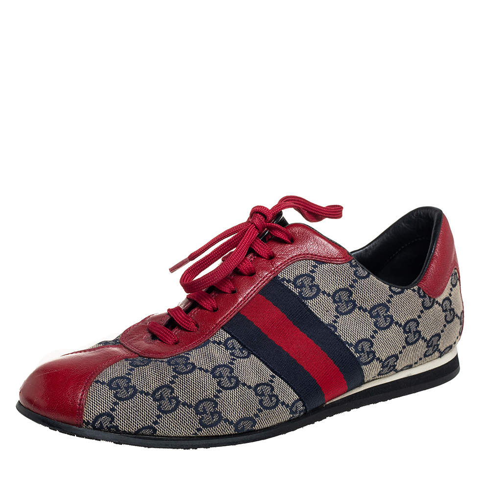 Pre Owned Gucci Beige GG Canvas And Red Leather Web Low Top Sneakers Size 38