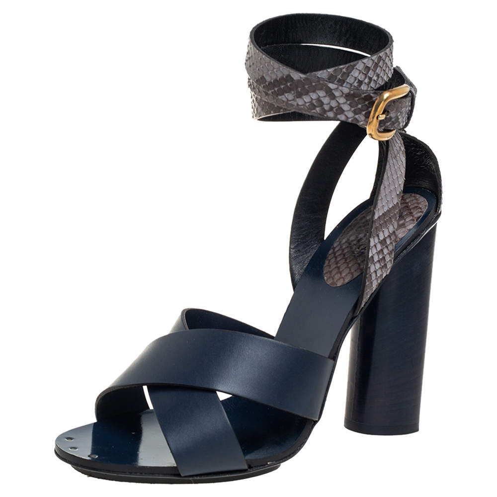 Pre Owned Gucci Blue/Grey Python and Leather Crisscross Ankle Strap Sandals Size 38