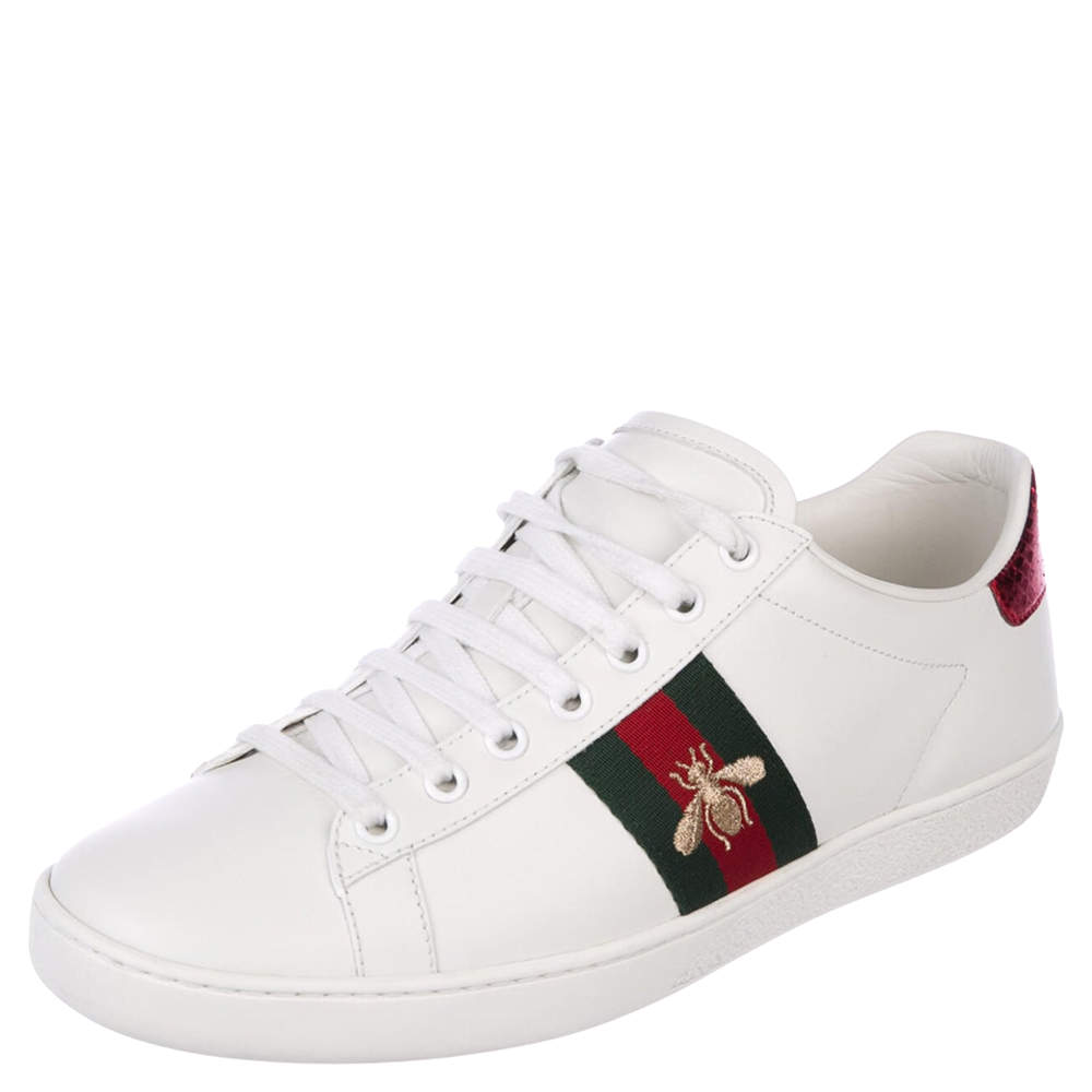 Pre Owned Gucci White Leather Python Embossed Leather Ace Bee Sneakers EU 35