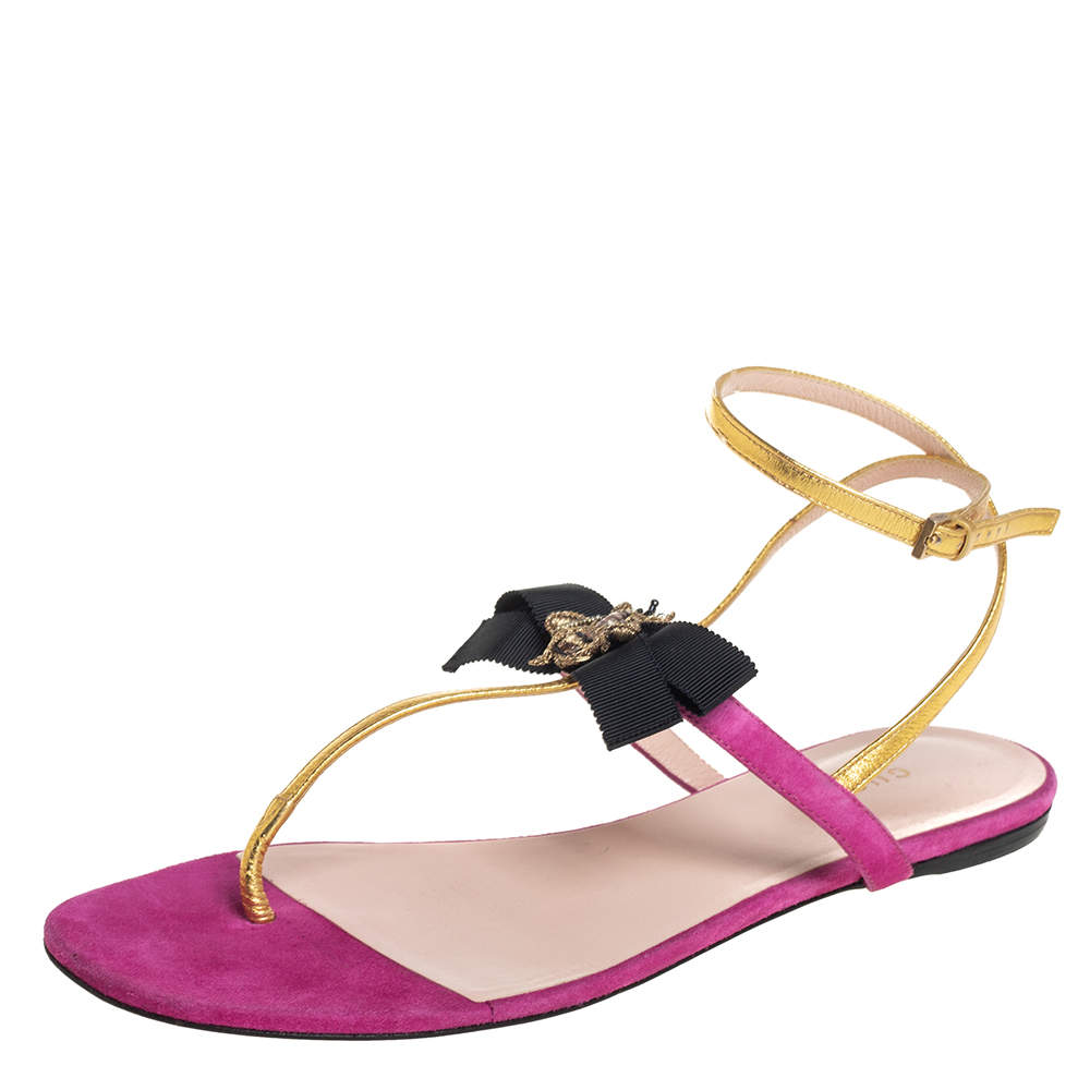 Gucci Pink/Gold Suede And Leather Moody Bow Flat Thong Sandals Size 37