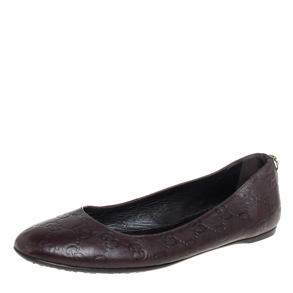 Pre Owned Gucci Dark Brown Guccissima Leather Ballet Flats Size 38