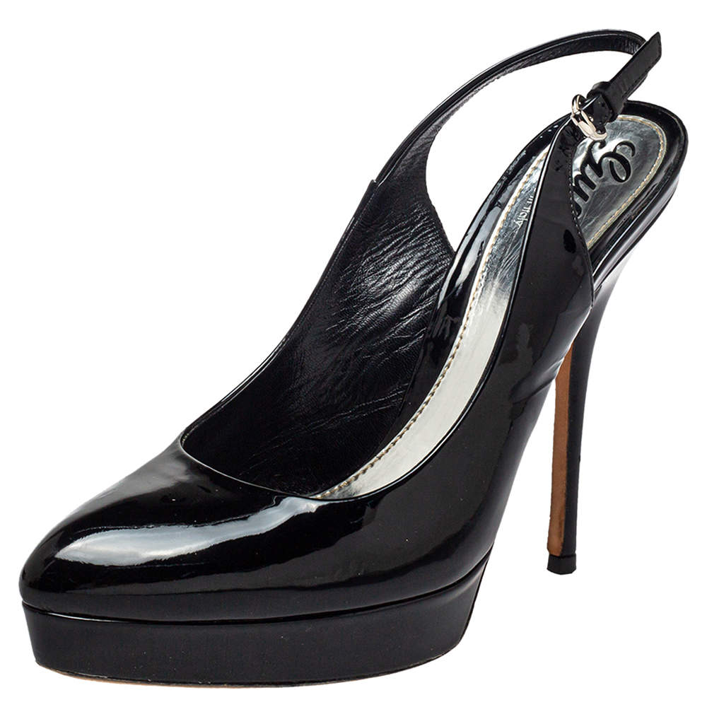 Pre Owned صندل غوتشي جلد أسود لامع بحزام للكاحل نعل سميك مقاس 37.5