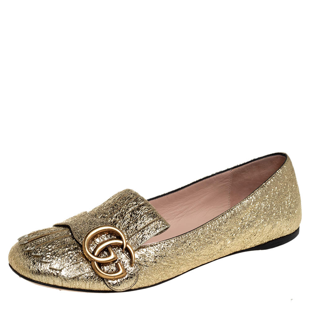 Gucci Metallic Gold Foil Leather GG Marmont Fringe Detail Flats Size 36