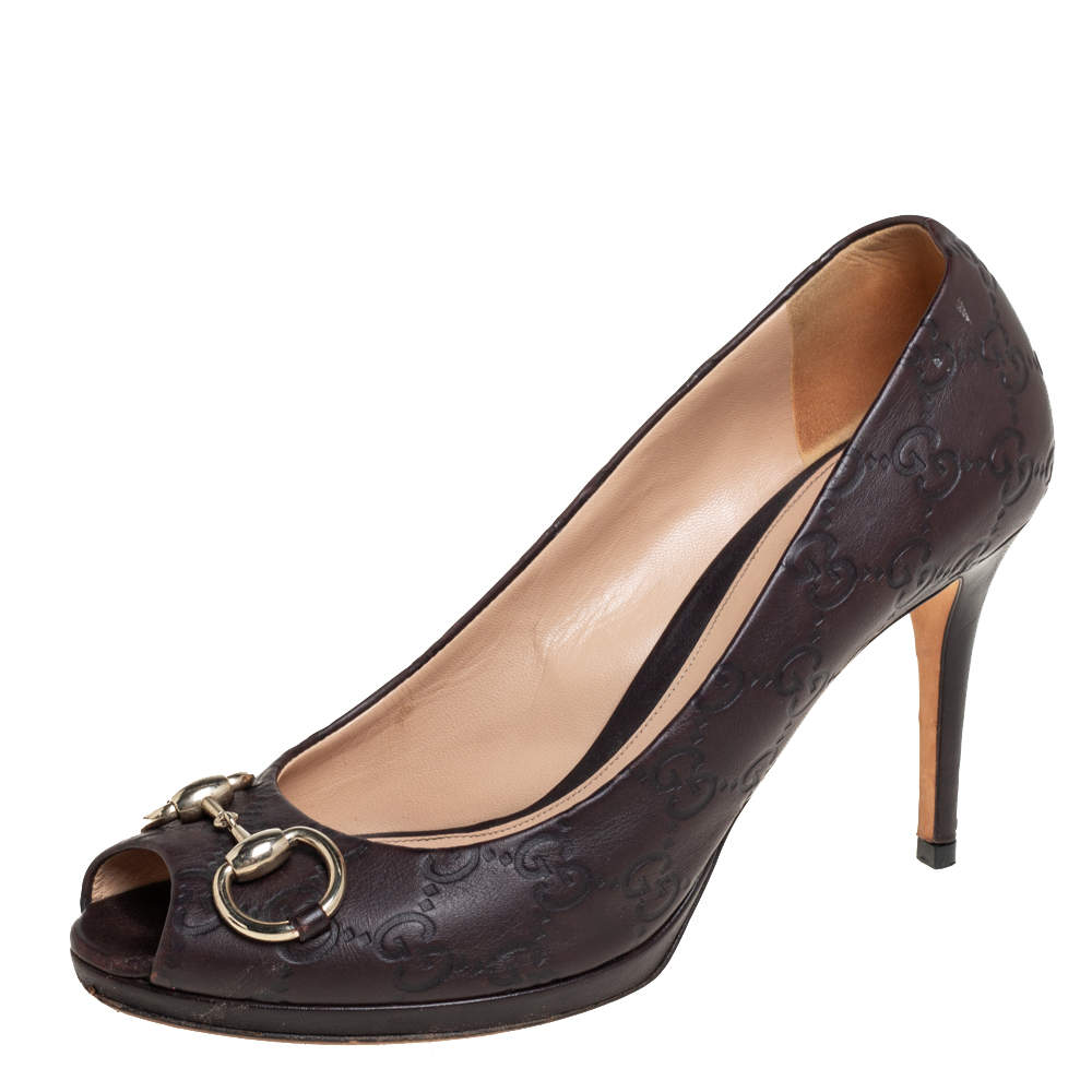 Pre Owned Gucci Brown Guccissima Leather New Hollywood Horsebit Peep Toe Pumps Size 39