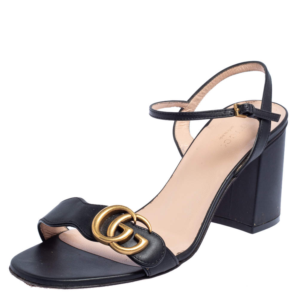 Pre Owned Gucci Black Leather GG Marmont Ankle Strap Sandals Size 39