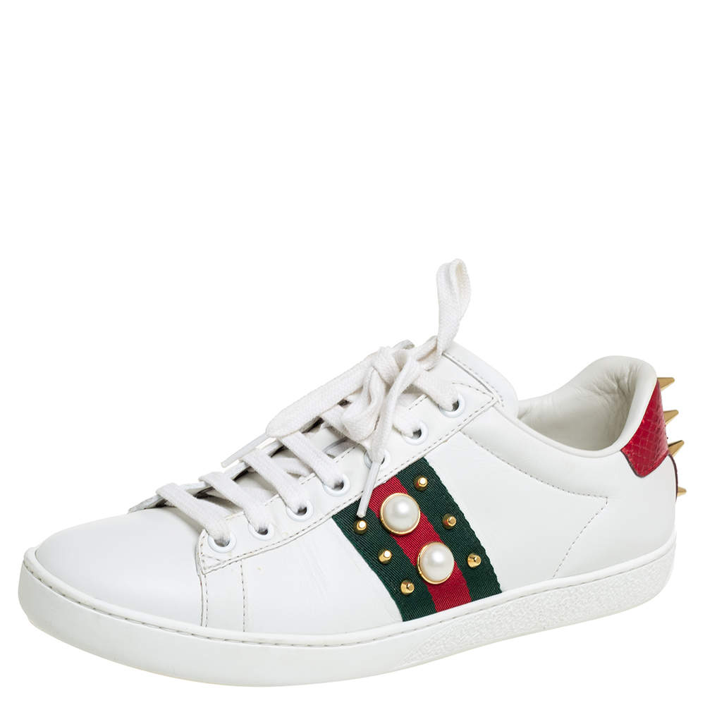 Gucci White Leather and Python Embossed Leather Ace Studded Sneakers Size 37